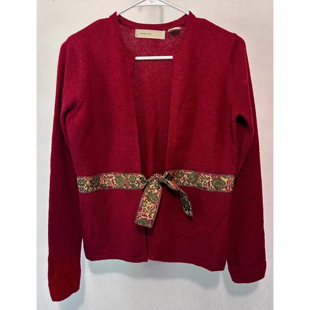 Anthropologie Sleeping on Snow Red Lambswool Floral Tapestry Tie Cardigan S